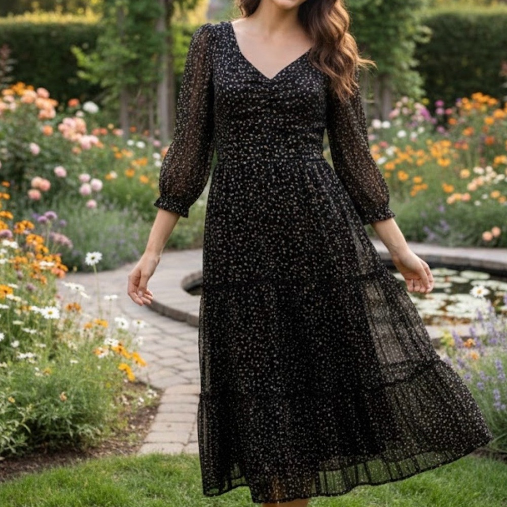 Joules Black Floral Long Sleeve Dress